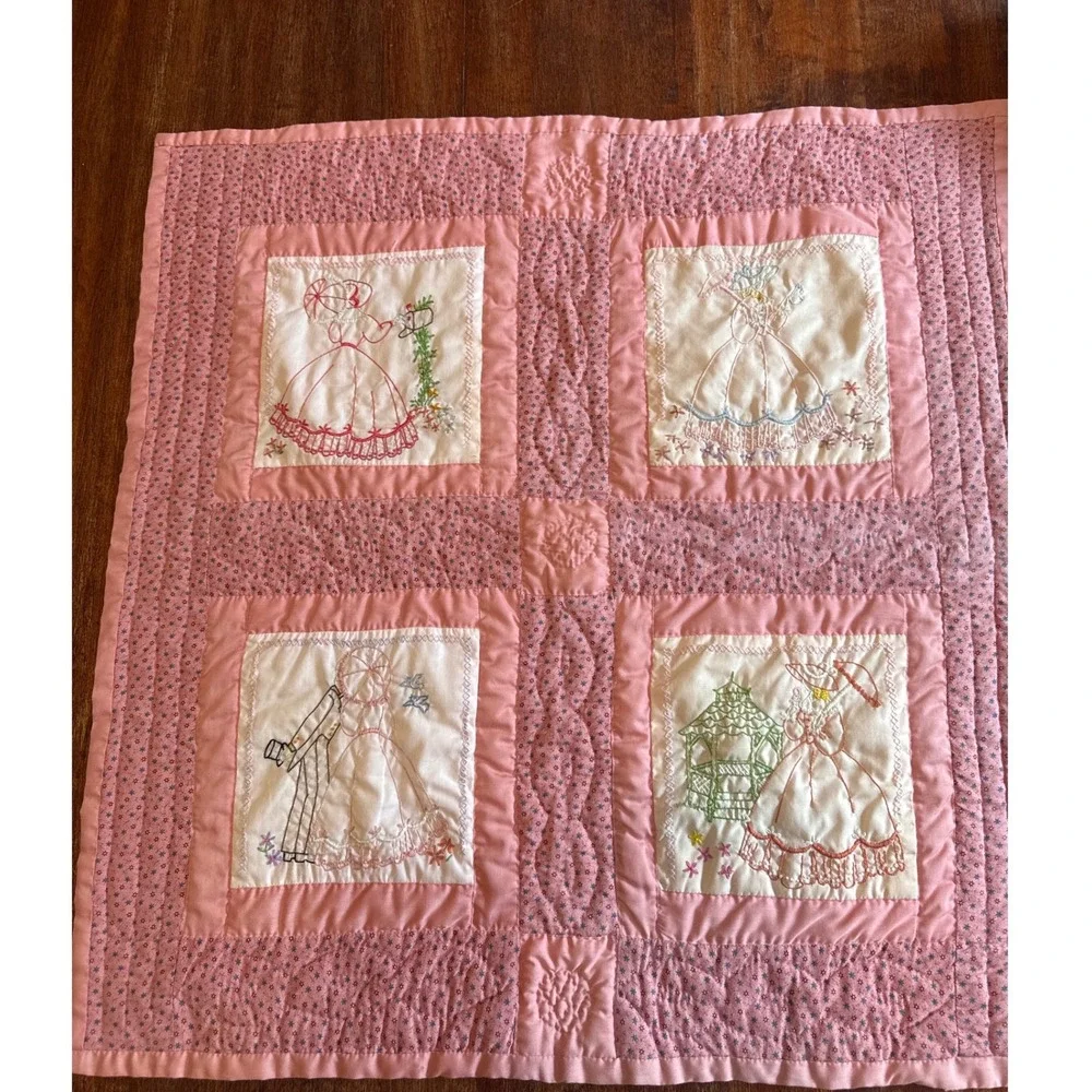 Vintage Pristine Handmade Baby Crib Quilt, Pink Embroidered Nursery Heirloom